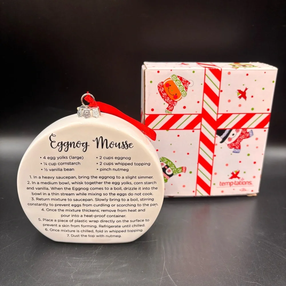 NIB Temptations by Tara Ornament‎ Decoration with Recipe Santa Eggnog Mousse